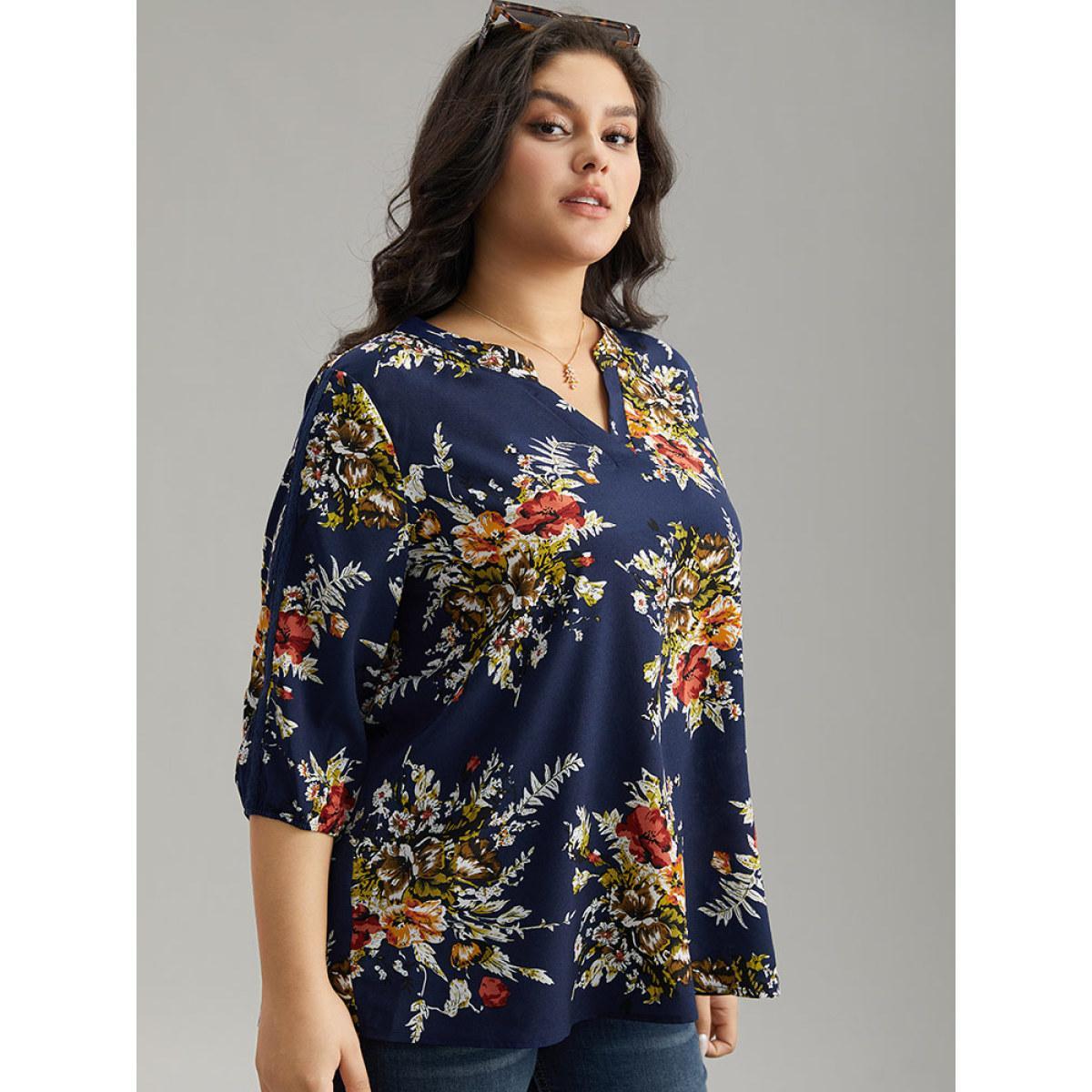 Plus Size Indigo Floral Print Notched Elastic Cuffs Blouse Women Elegant Elbow-length sleeve V-neck Dailywear Blouses BloomChic 28/5X Product Image