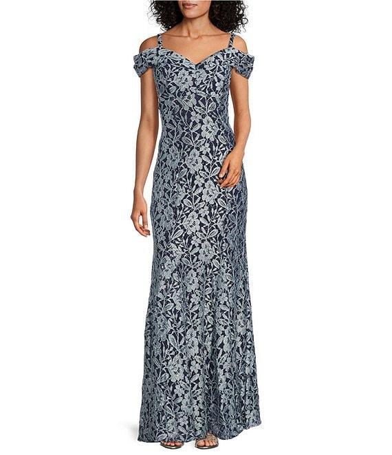 R & M Richards Off-the-Shoulder Glitter Lace Mermaid Gown Product Image