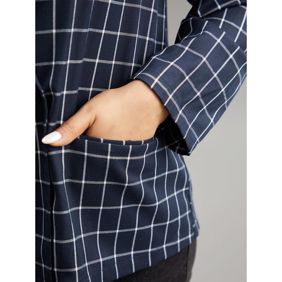 Plus Size Plaid Flap Detail Suit Collar Button Up Blazer DarkBlue Women Dailywear Plaid Contrast Sleeve Long Sleeve Suit Collar 18-20/2X Pocket Casual Blazers BloomChic Product Image