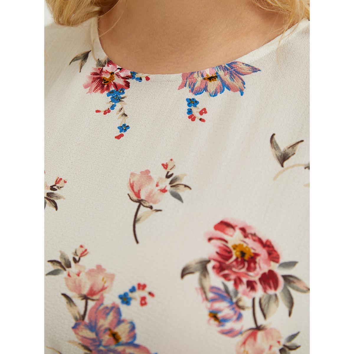 Plus Size White Floral Print Round Neck Ruffles High Low Hem Blouse Women Elegant Short sleeve Round Neck Dailywear Blouses BloomChic 28/5X Product Image