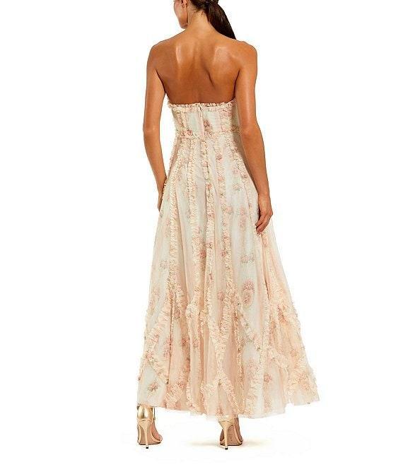 Mac Duggal Strapless Floral Print Micro Ruffle Mesh Maxi Dress Product Image