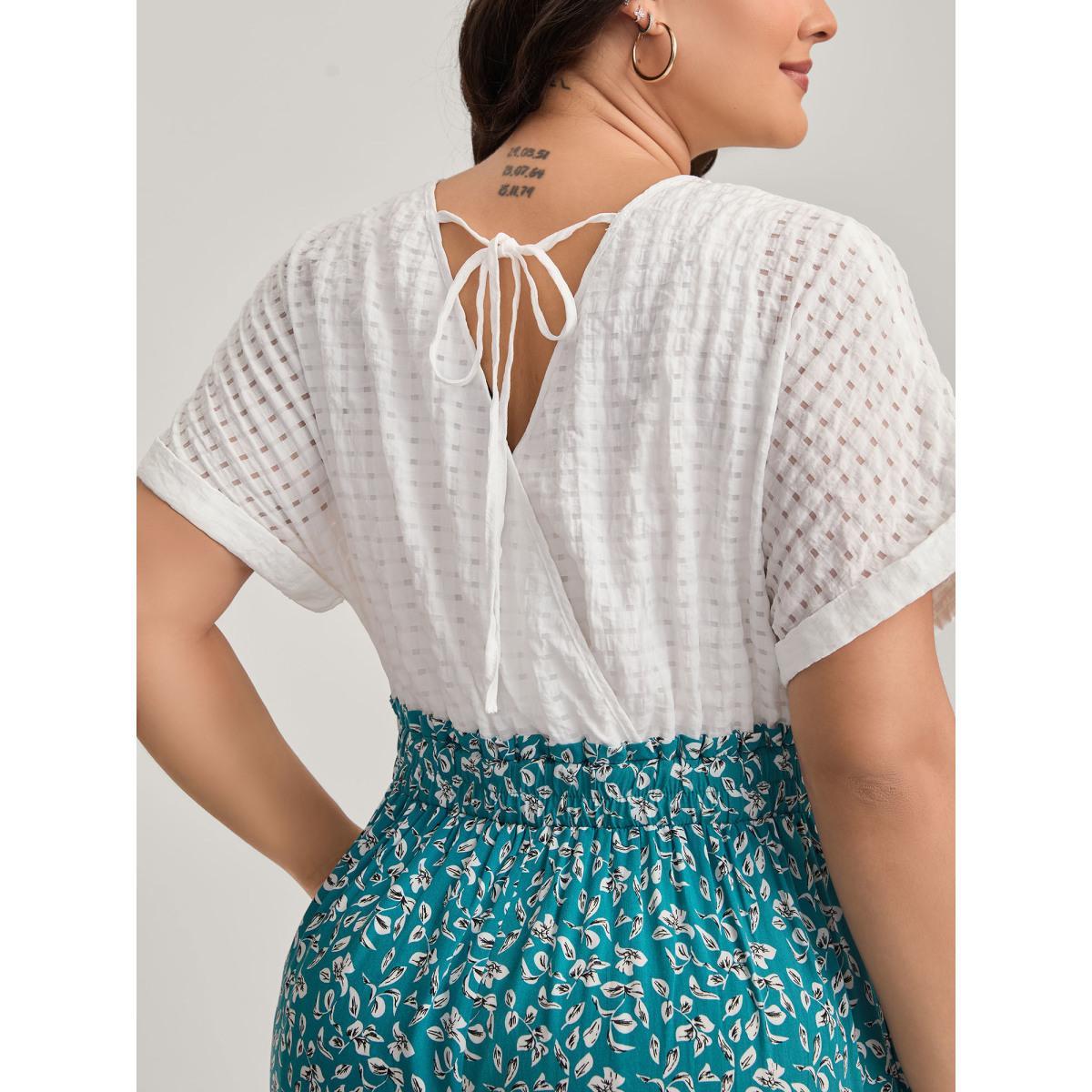 Plus Size Cerulean Floral Color Contrast Shirred Jumpsuit Women Cap Sleeve V-neck Everyday-Casual Loose Jumpsuits BloomChic 18-20/2X Product Image