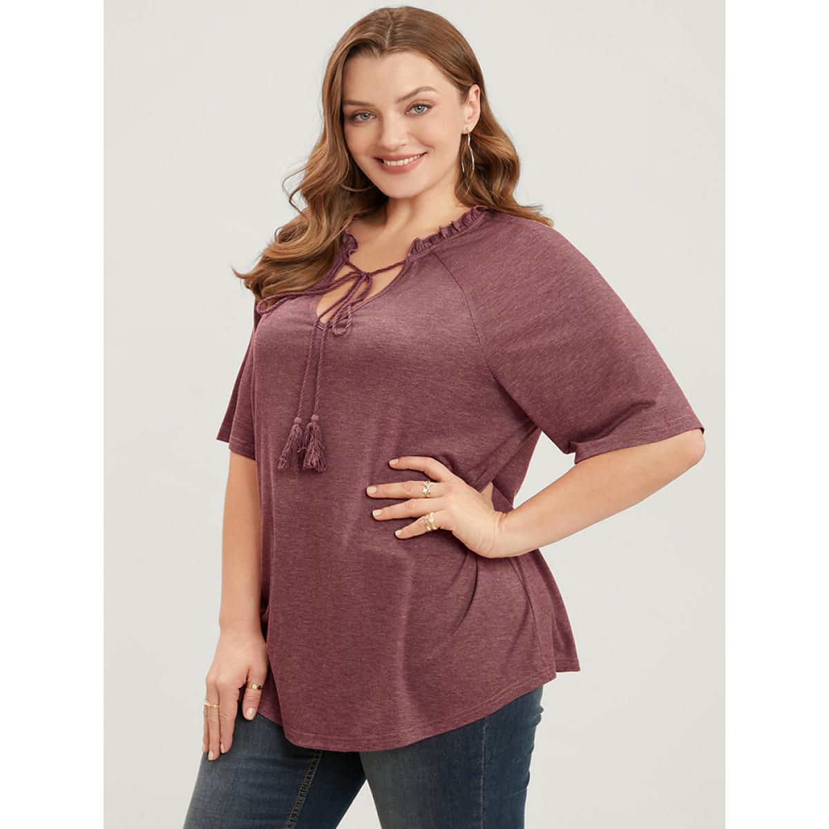 Plus Size Plain Ties Up Frill Trim Raglan Sleeve Tee Scarlet Women Casual Ruffles Plain V-neck Dailywear T-shirts BloomChic 22-24/3X Product Image