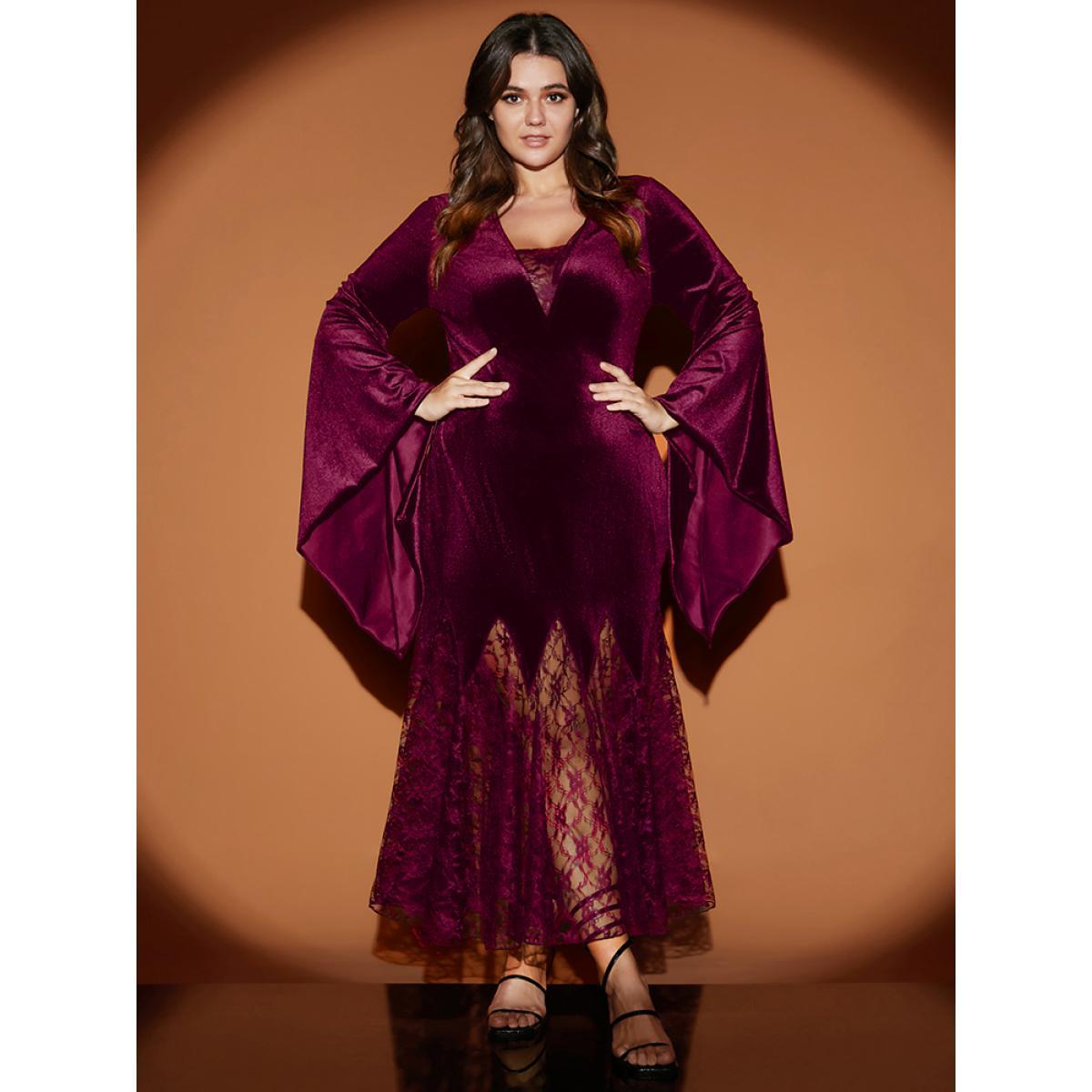 Plus Size Halloween Bell Sleeve Velvet Lace Insert Maxi Dress Burgundy Women Party Slit V-neck Long Sleeve Curvy Long Dress BloomChic 10/M Product Image