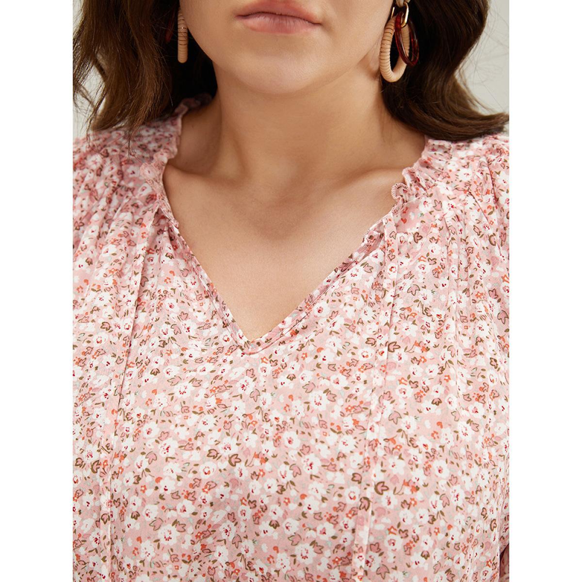Plus Size Crepe Ditsy Floral Frill Trim Lace Ruffle Sleeve Tie Neck Blouse Women Elegant Short sleeve Tie Neck Dailywear Blouses BloomChic 14-16/1X Product Image