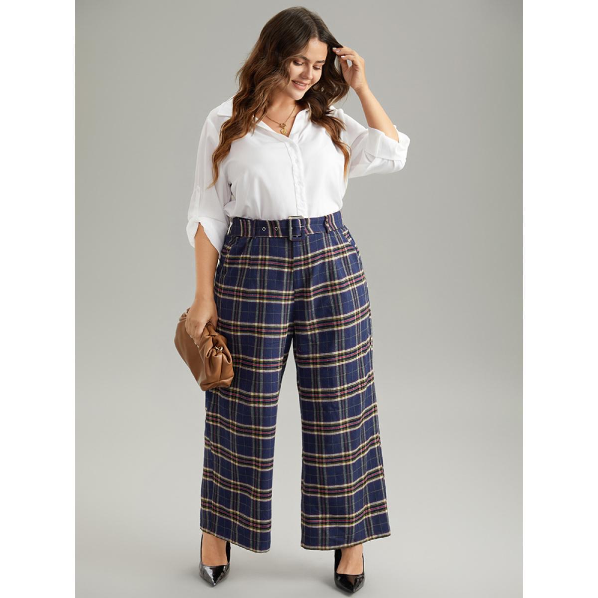 Plus Size Plaid Pocket Eyelet Belted Straight Leg Pants Women Indigo Office Straight Leg High Rise Work Pants BloomChic 18-20/2X Product Image