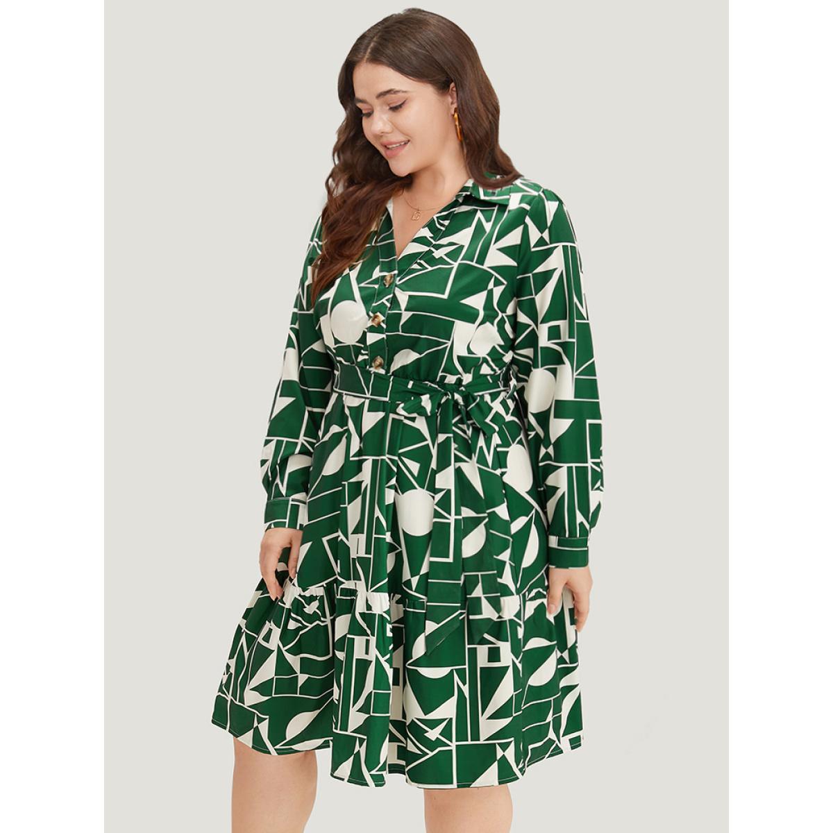 Plus Size Geometric Shirt Collar Belted Pocket Flutter Dress Green Women Office Belted Shirt collar Long Sleeve Curvy Midi Dress BloomChic 12/L Product Image