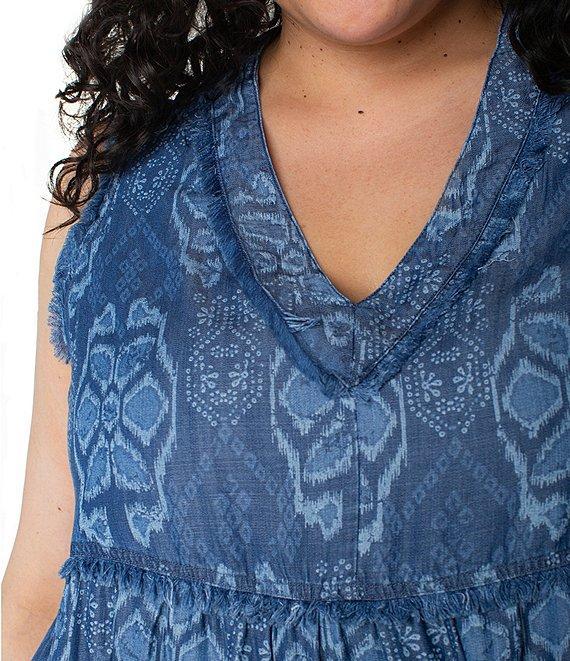 Liverpool Los Angeles Plus Size Printed V-Neck Sleeveless Ruffle Fray Tiered Hem Dress Product Image