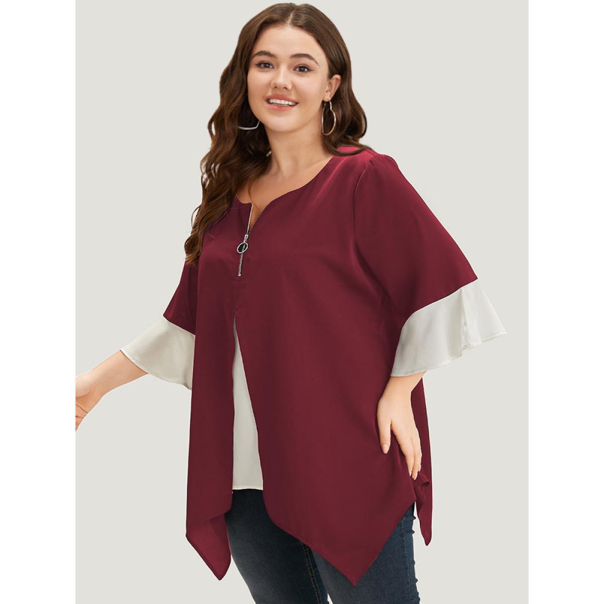 Plus Size Scarlet Anti-Wrinkle Contrast Zip Up Flutter Sleeve Hanky Hem Blouse Women Office Half Sleeve Round Neck Work Blouses BloomChic 10/M Product Image