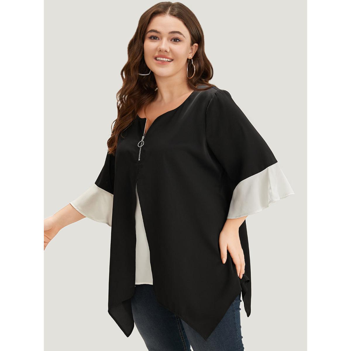 Plus Size Black Anti-Wrinkle Contrast Zip Up Flutter Sleeve Hanky Hem Blouse Women Office Half Sleeve Round Neck Work Blouses BloomChic 14-16/1X Product Image