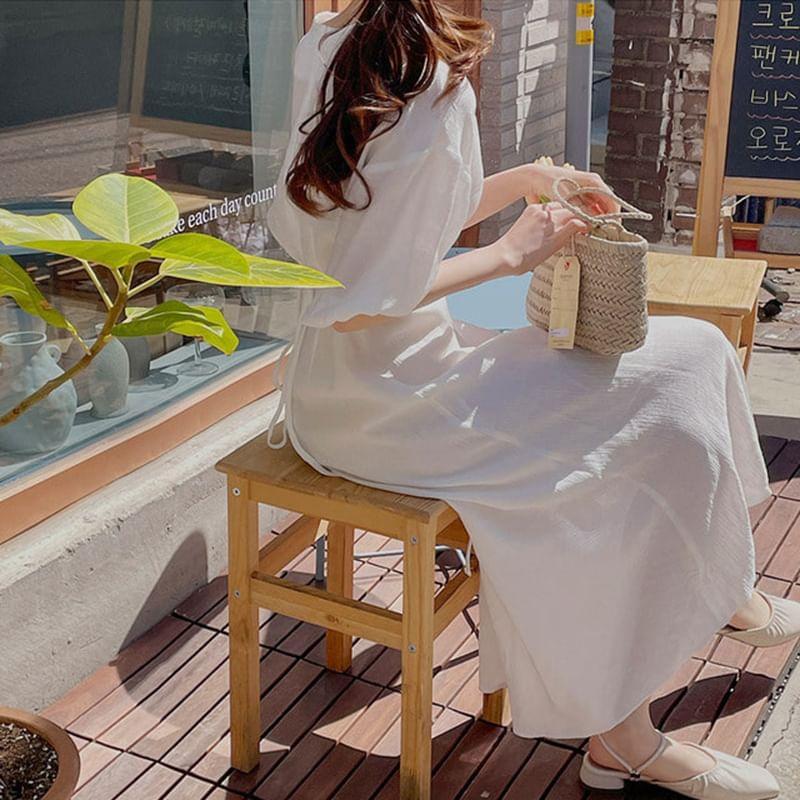 Puff-Sleeve V-Neck Plain Shirred Midi A-Line Dress Product Image