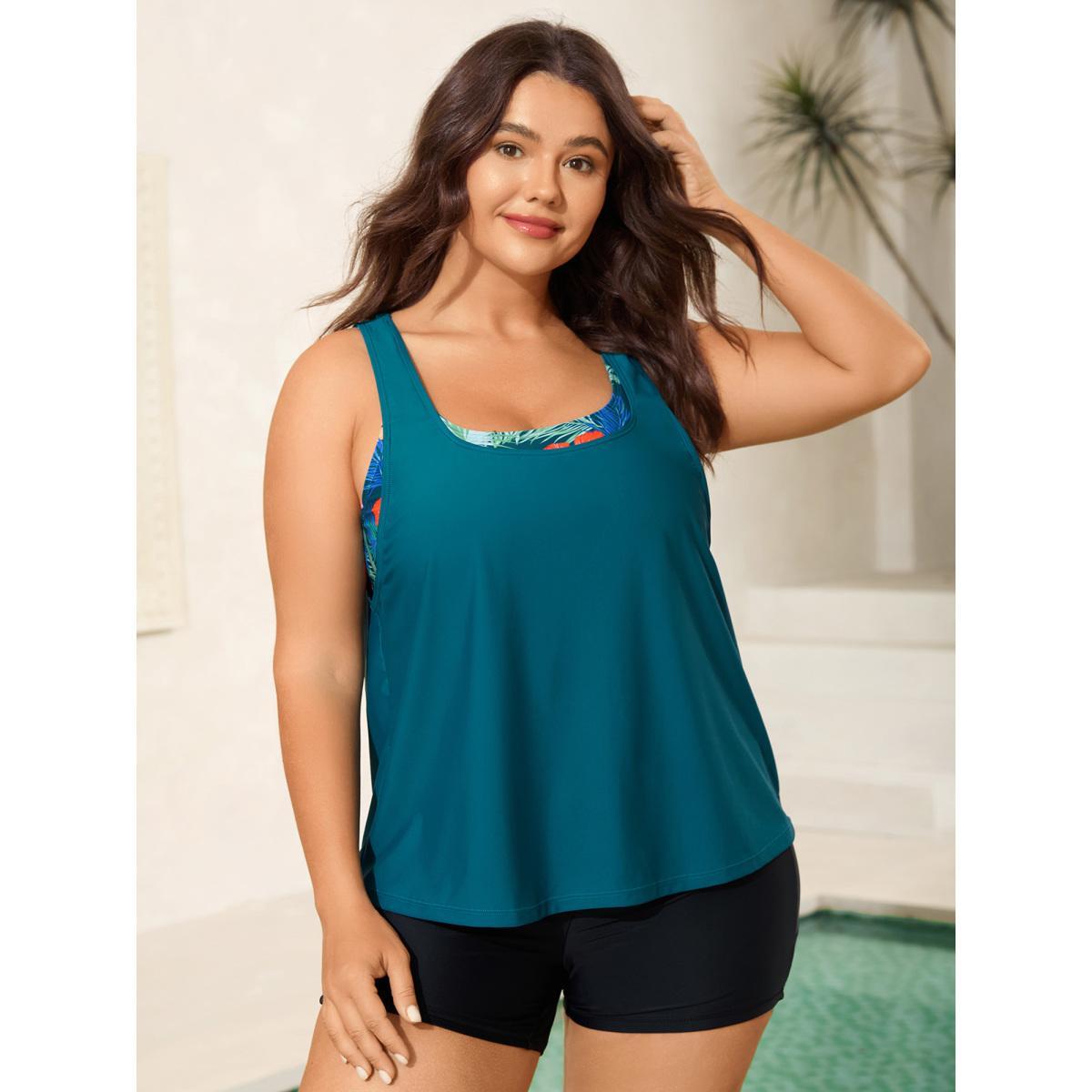 Plus Size Two-Piece Tropical Print Swim Top Women's Swimwear Cyan Beach Drawstring High stretch Bodycon U-neck Curve Swim Tops BloomChic 28/5X Product Image