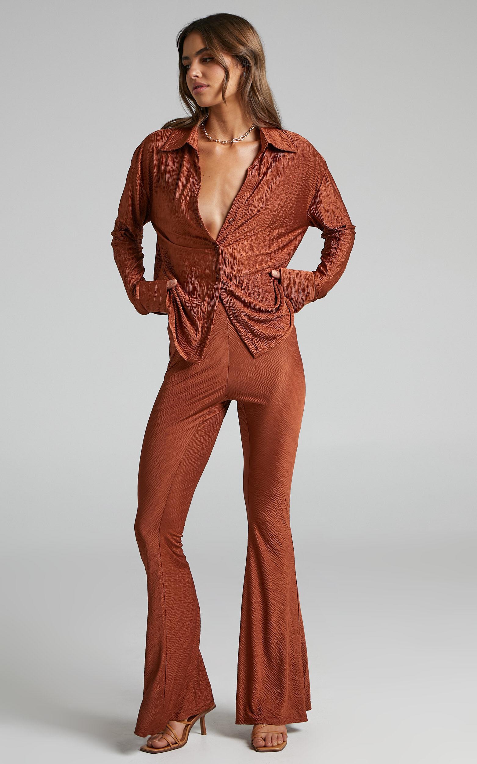 Rosamund Pants - High Waisted Crinkle Flared Pants in Clay Product Image