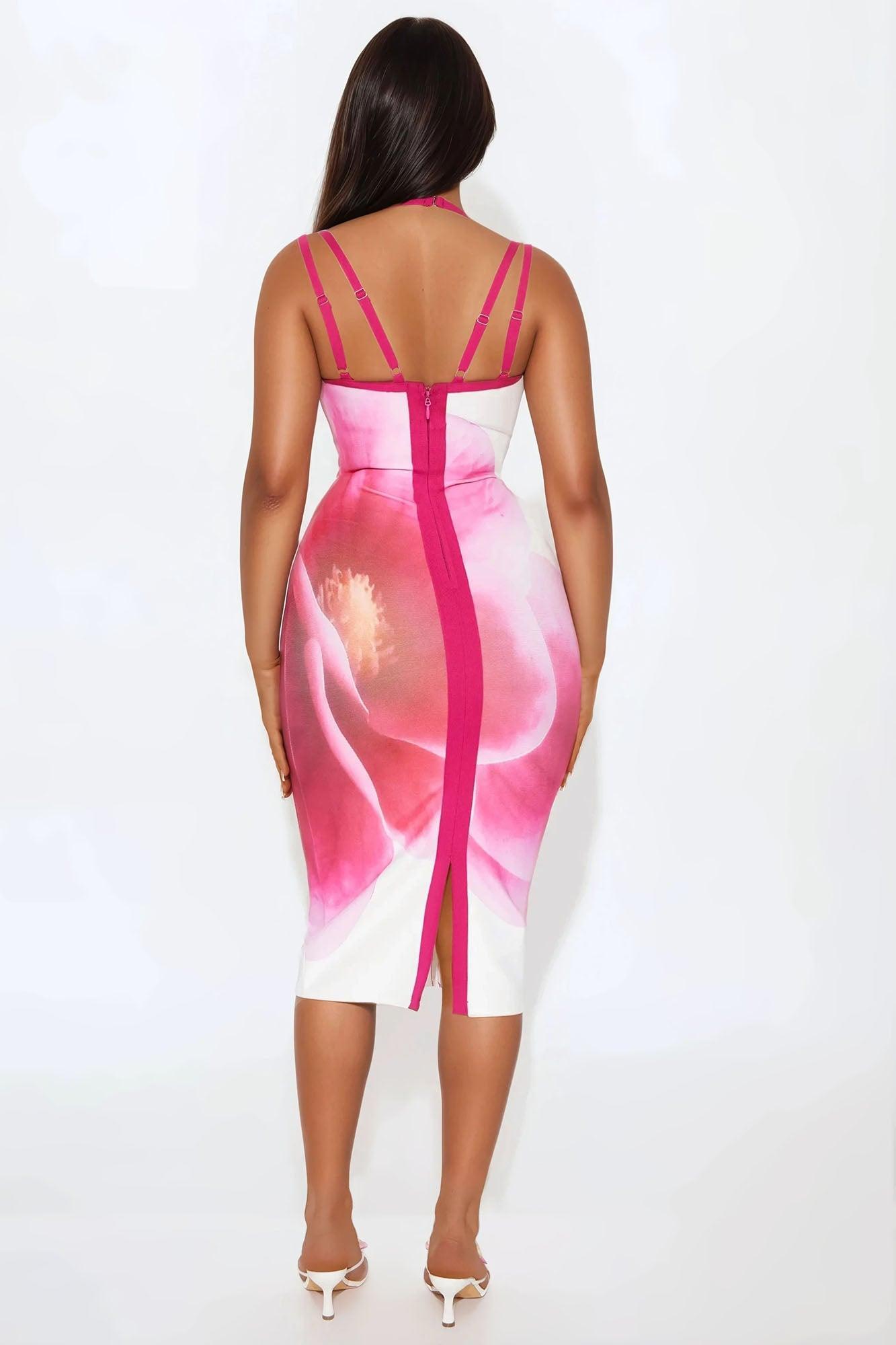 Sophia Floral Bandage Midi Dress - Hot Pink/combo Product Image