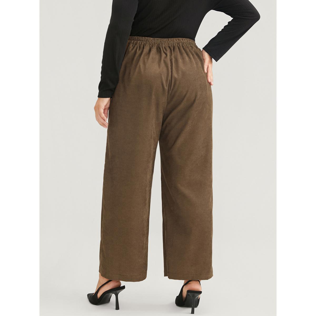 Plus Size Solid Pocket Elastic Waist Corduroy Pants Women Tan Office Mid Rise Work Pants BloomChic 30/6X Product Image