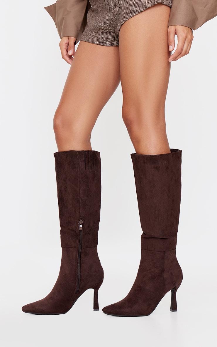 Chocolate Faux Suede Point Toe Knee High Heeled Boots Product Image
