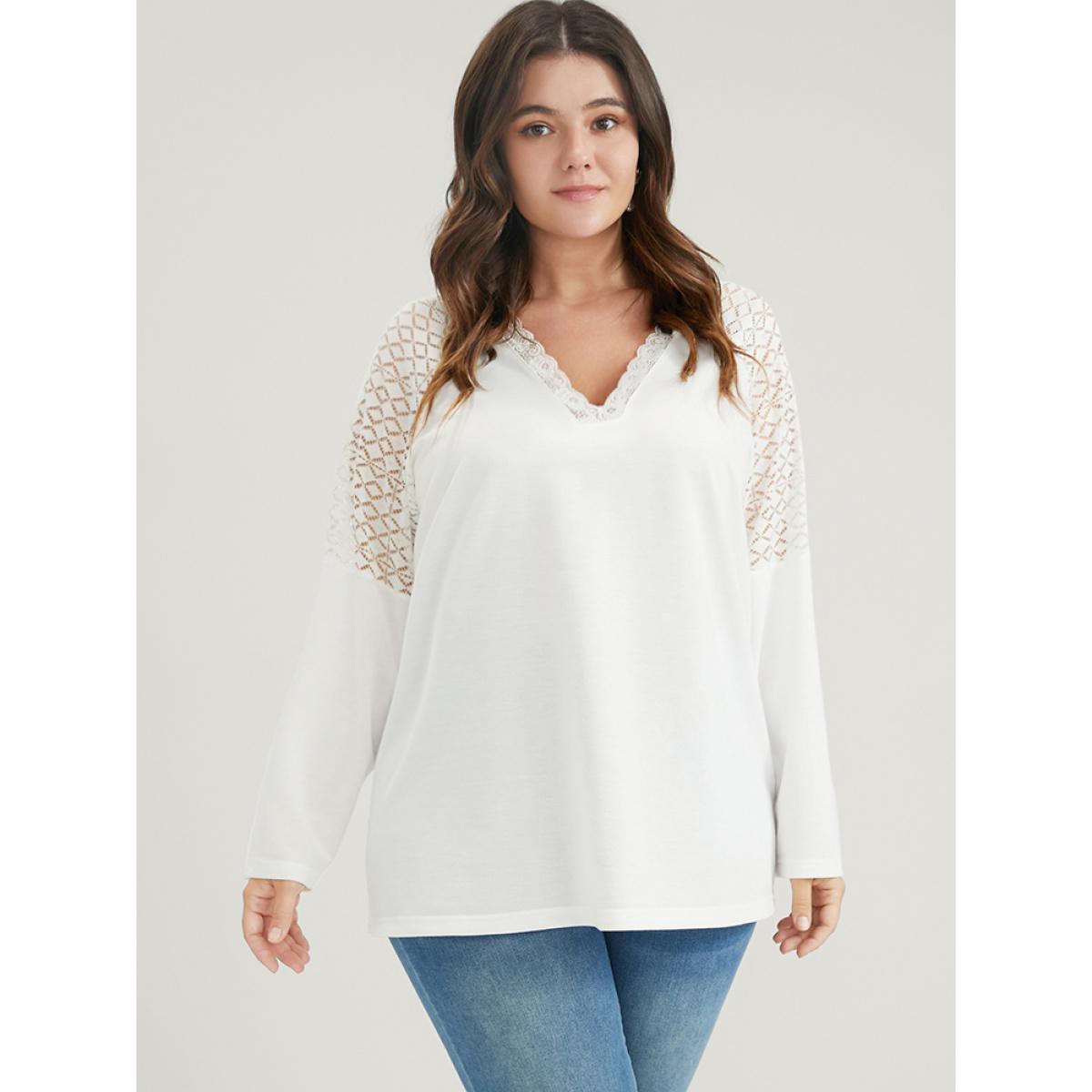 Plus Size Solid Contrast Lace	V Neck Long Tee White Women Elegant Patchwork Plain V-neck Dailywear T-shirts BloomChic 18-20/2X Product Image