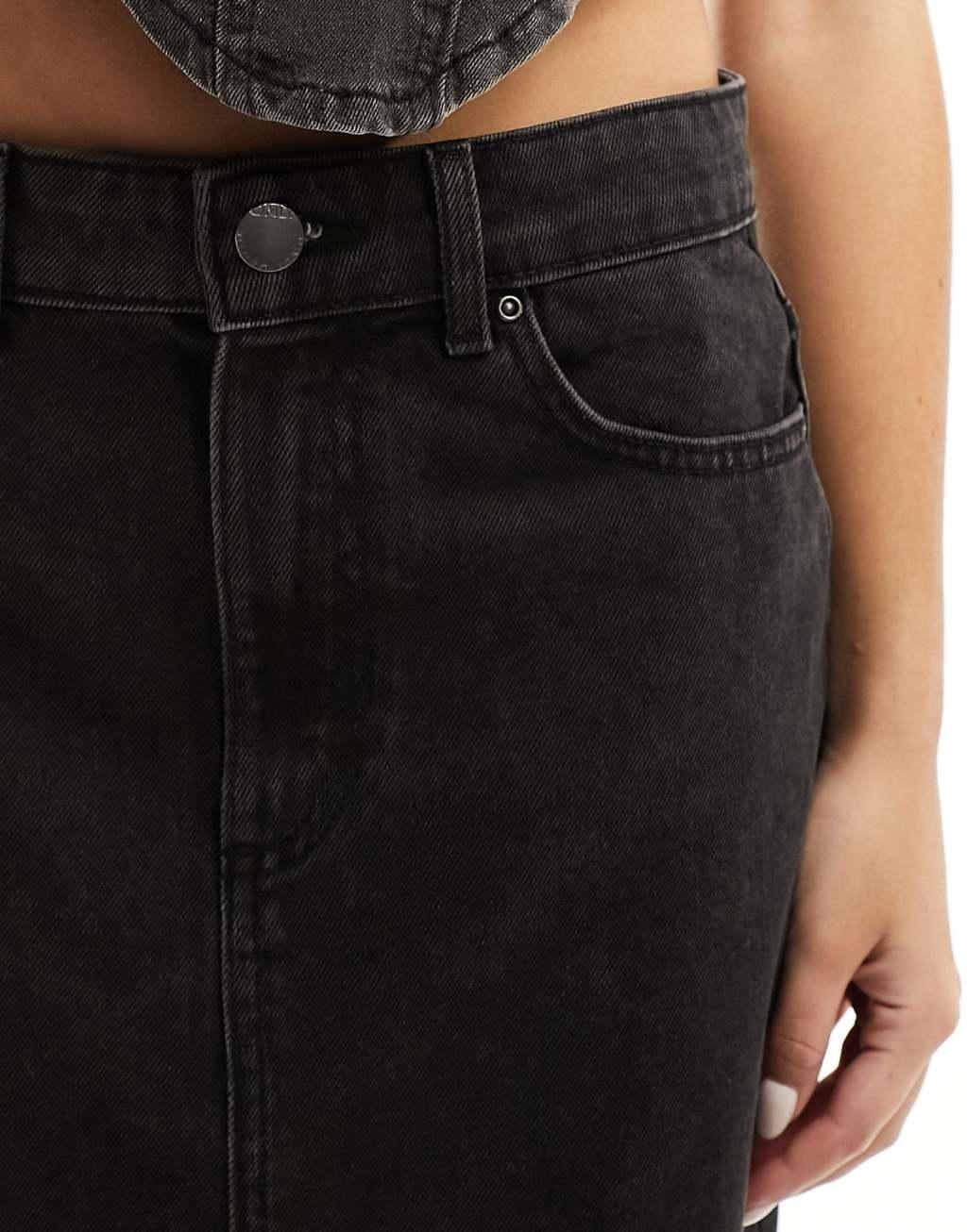 ONLY denim midi skirt with front split in washed black   Product Image