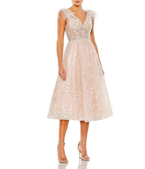 Mac Duggal V-neck Feather Trim Embroidered Mesh Aline Midi Dress Product Image