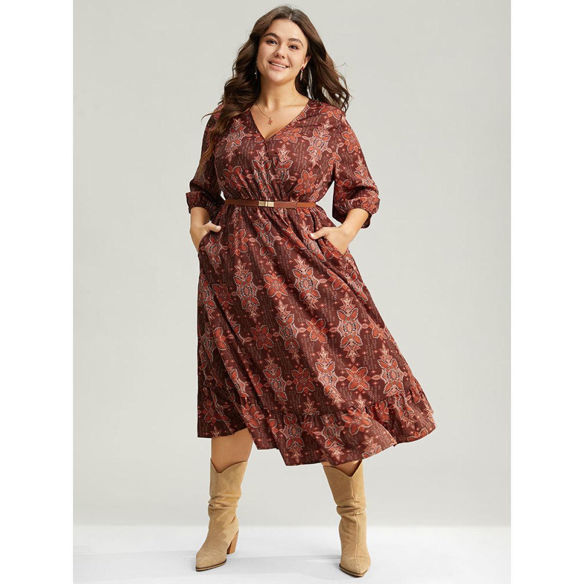 Plus Size Christmas Boho Print Wrap Ruffle Layered Hem Dress Raspberry Women Office Elastic cuffs Overlap Collar Elbow-length sleeve Curvy Midi Dress BloomChic 26/4X Product Image