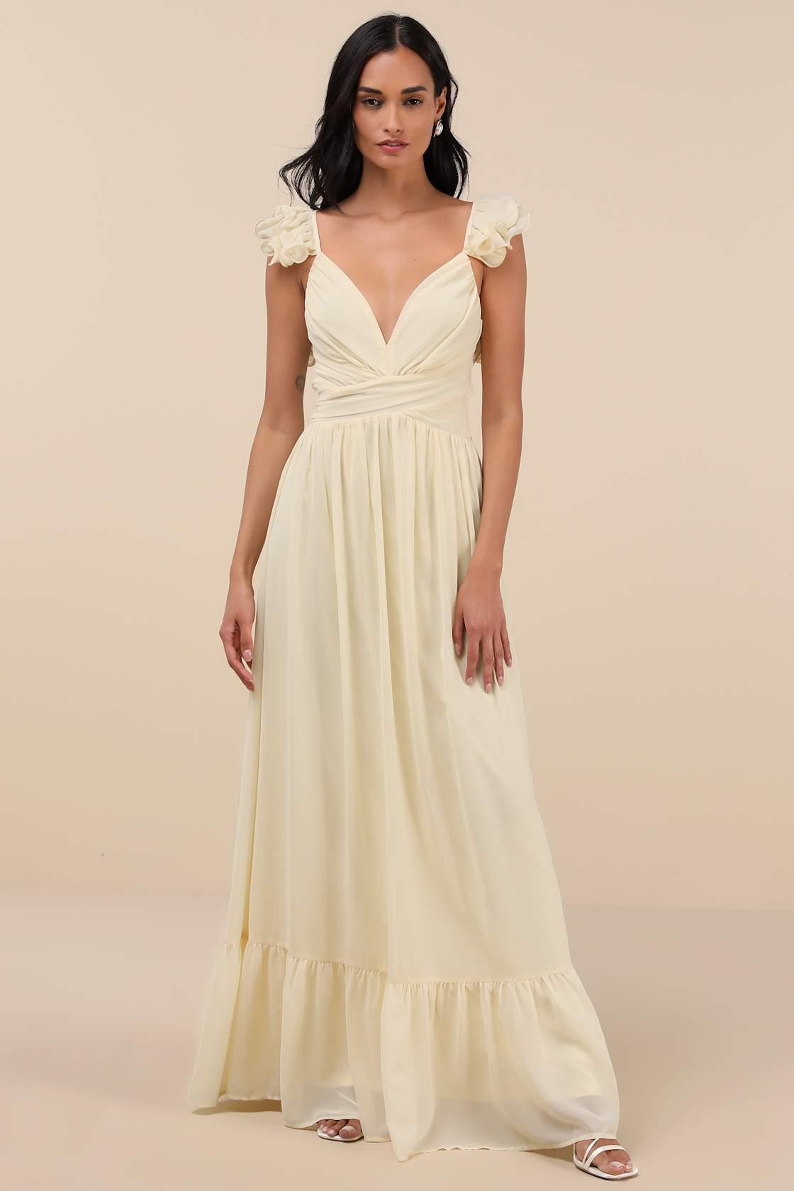 Soiree Celebration Light Yellow Ruffled Lace-Up Maxi Dress Product Image