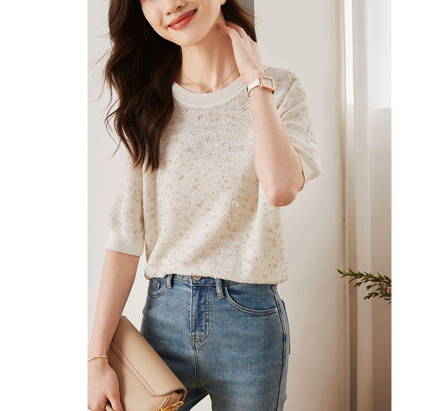 Short-Sleeve Round Neck Melange Knit Top Product Image
