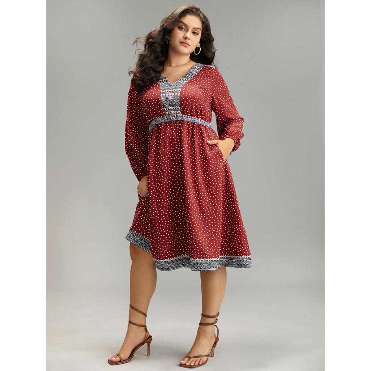 Plus Size Boho Print Lantern Sleeve Elastic Waist Dress Raspberry Women Vacation Elastic cuffs V-neck Long Sleeve Curvy Midi Dress BloomChic 28/5X Product Image