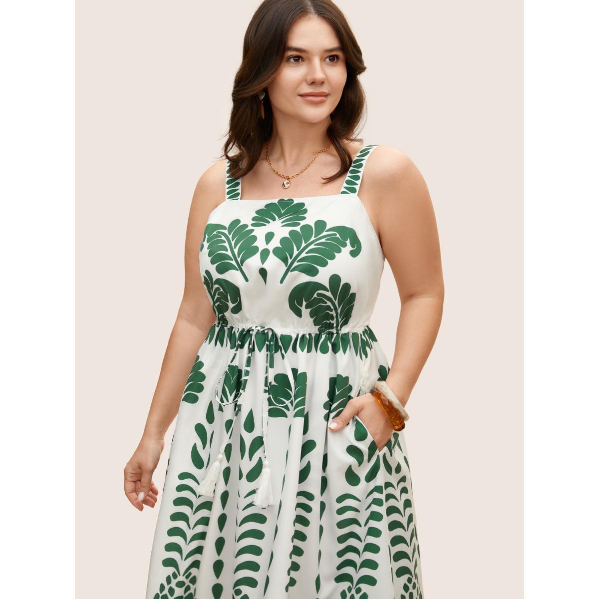 Plus Size Tropical Print Drawstring Tassels Cami Dress Emerald Women Resort Tassels Non Sleeveless Curvy BloomChic 22-24/3X Product Image
