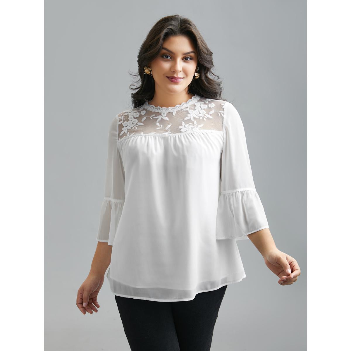 Plus Size Opticwhite Dreamy Lace Neck Flared Sleeve Chiffon Blouse Women Elegant Elbow-length sleeve Stand-up collar Everyday Blouses BloomChic 28/5X Product Image