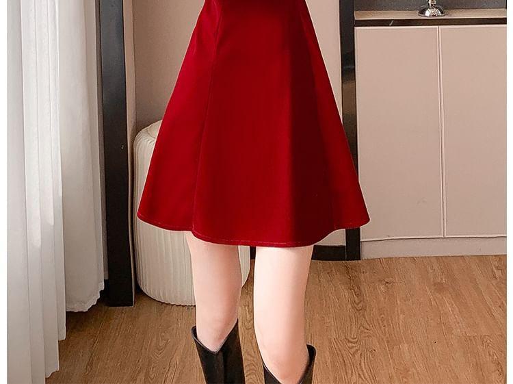Long Sleeve Scoop Neck Lace Ruffle Trim Velvet Mini A-Line Dress Product Image