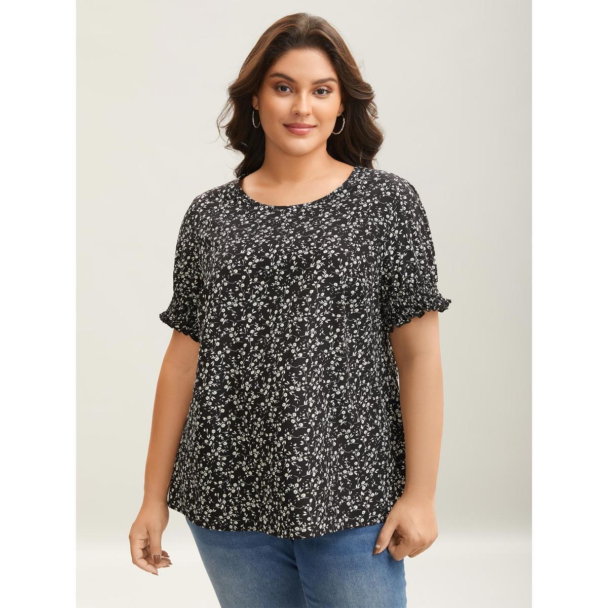 Plus Size Black Ditsy Floral Print Curvy Hem Blouse Women Elegant Elbow-length sleeve Round Neck Everyday Blouses BloomChic 12/L Product Image