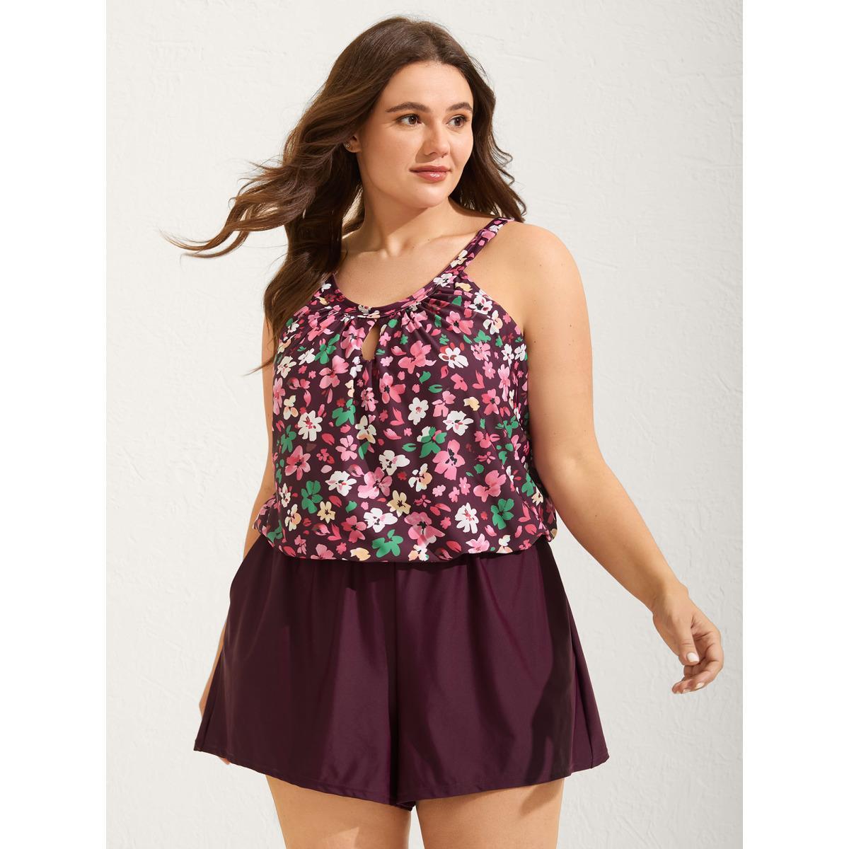 Plus Size Floral Print Keyhole Pockets Swim Romper Women's Swimwear Plum Beach Curve Bathing Suits High stretch One Pieces BloomChic 30/6X Product Image