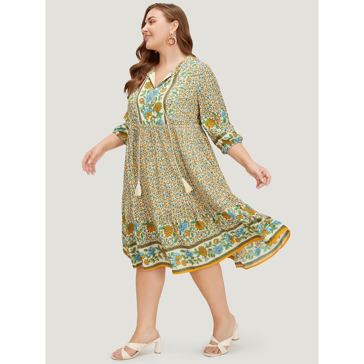 Plus Size Bandana Tassels Lantern Sleeve Ruffle Pocket Keyhole Neck Dress Beige Women Resort V-neck Elbow-length sleeve Curvy Midi Dress BloomChic 12/L Product Image