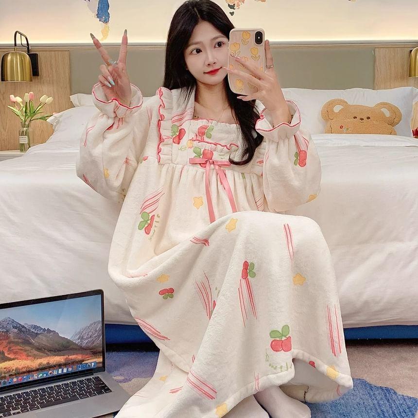 Long Sleeve  Square Neck Patterned Bow Ruffle Coral Fleece Pajama Dress Product Image