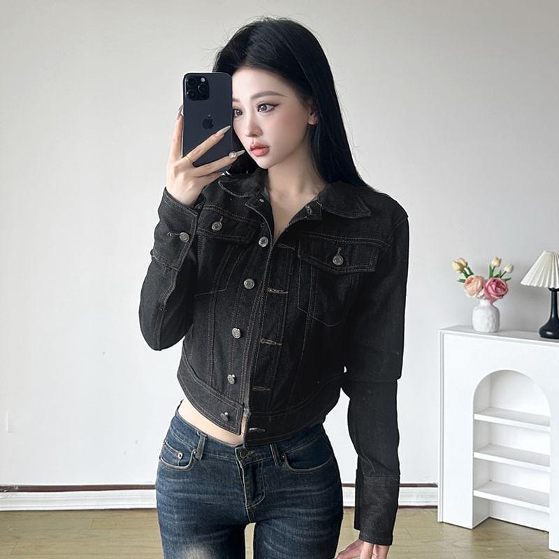 Pocket Detail Denim Cropped Single-Breasted Jacket Product Image