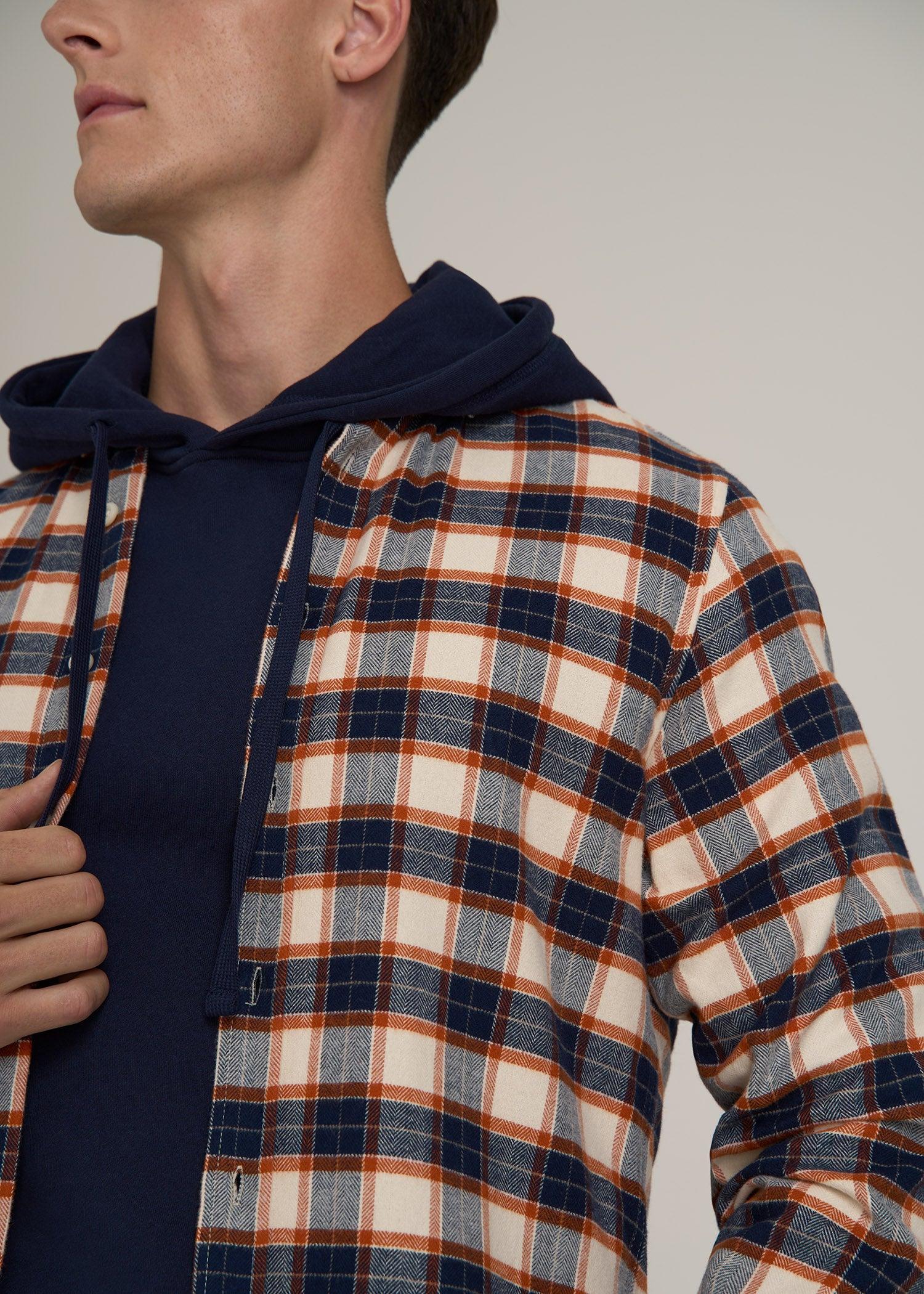 Midweight Brushed Flannel Button Shirt for Tall Men in Blue and Orange Plaid Product Image