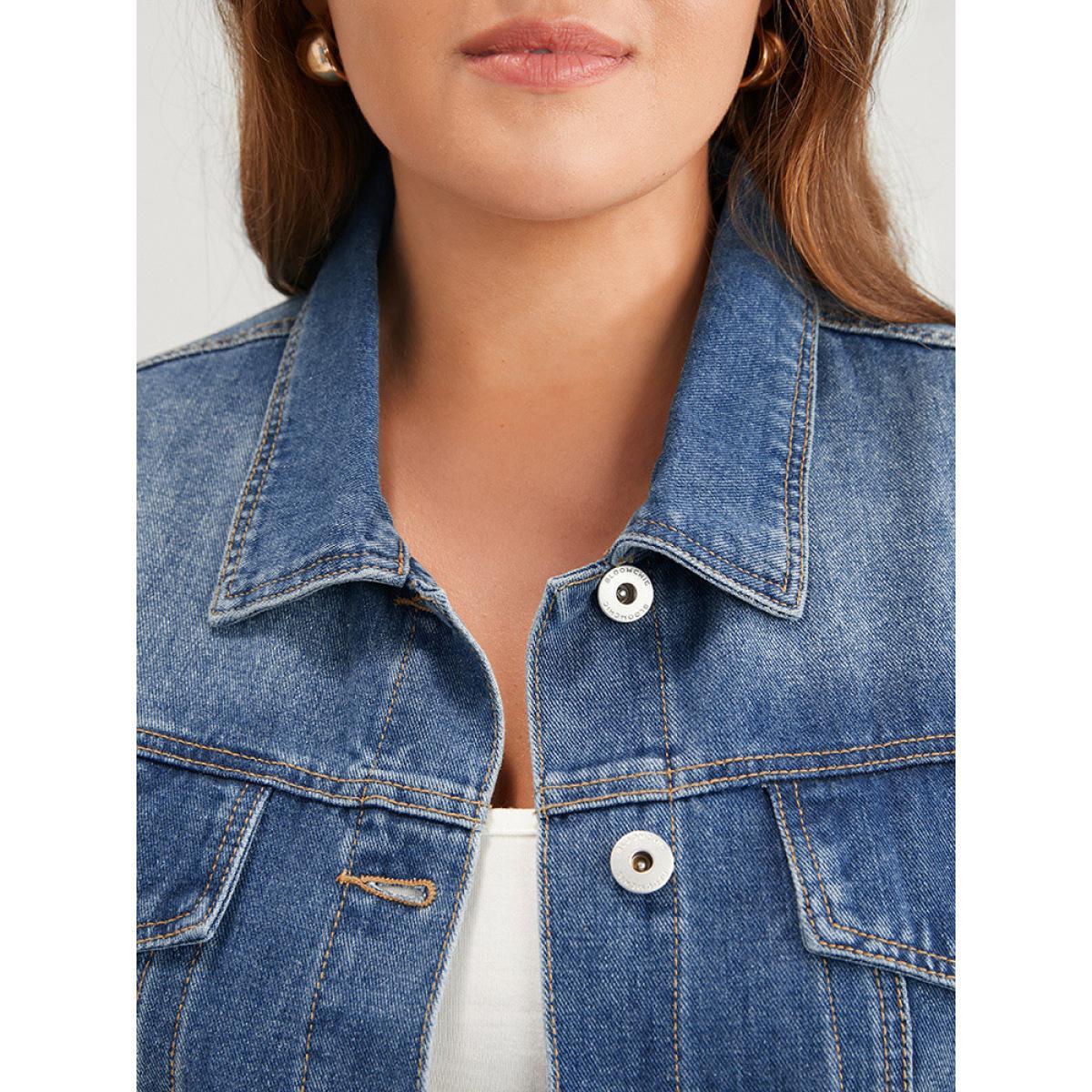 Women Solid Flap Pocket Button Front Dark Wash Denim Jacket Cerulean Plus Size Plain Dailywear Pocket Casual Denim Jackets BloomChic 18-20/2X Product Image