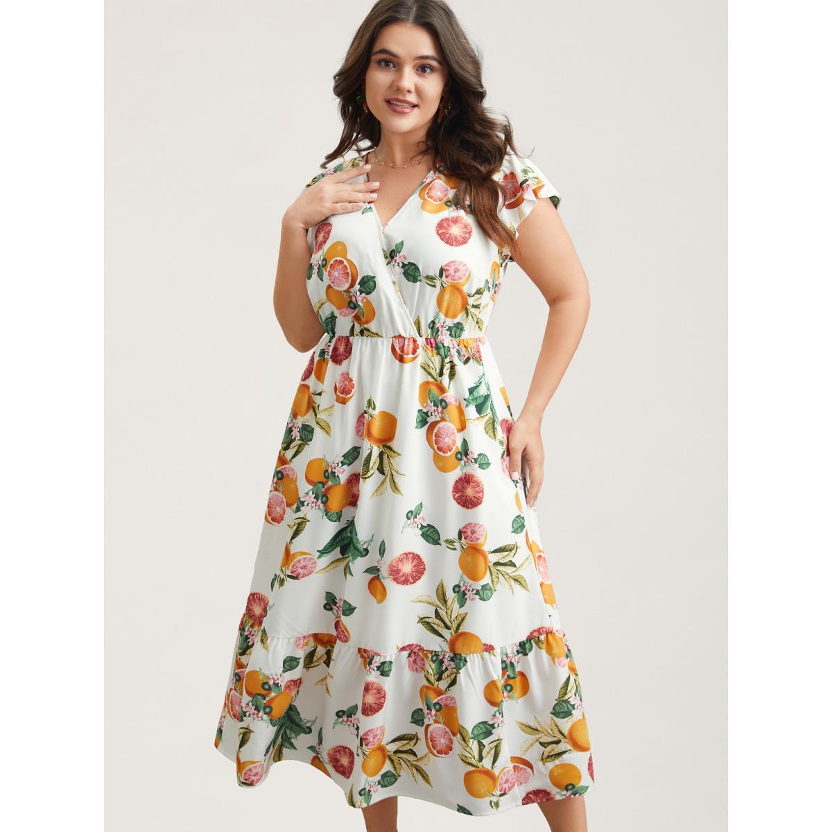 Plus Size Spring Fruits Wrap Neck Midi Dress Ivory Women Elegant Ruffles Overlap Collar Cap Sleeve Curvy BloomChic 18-20/2X Product Image