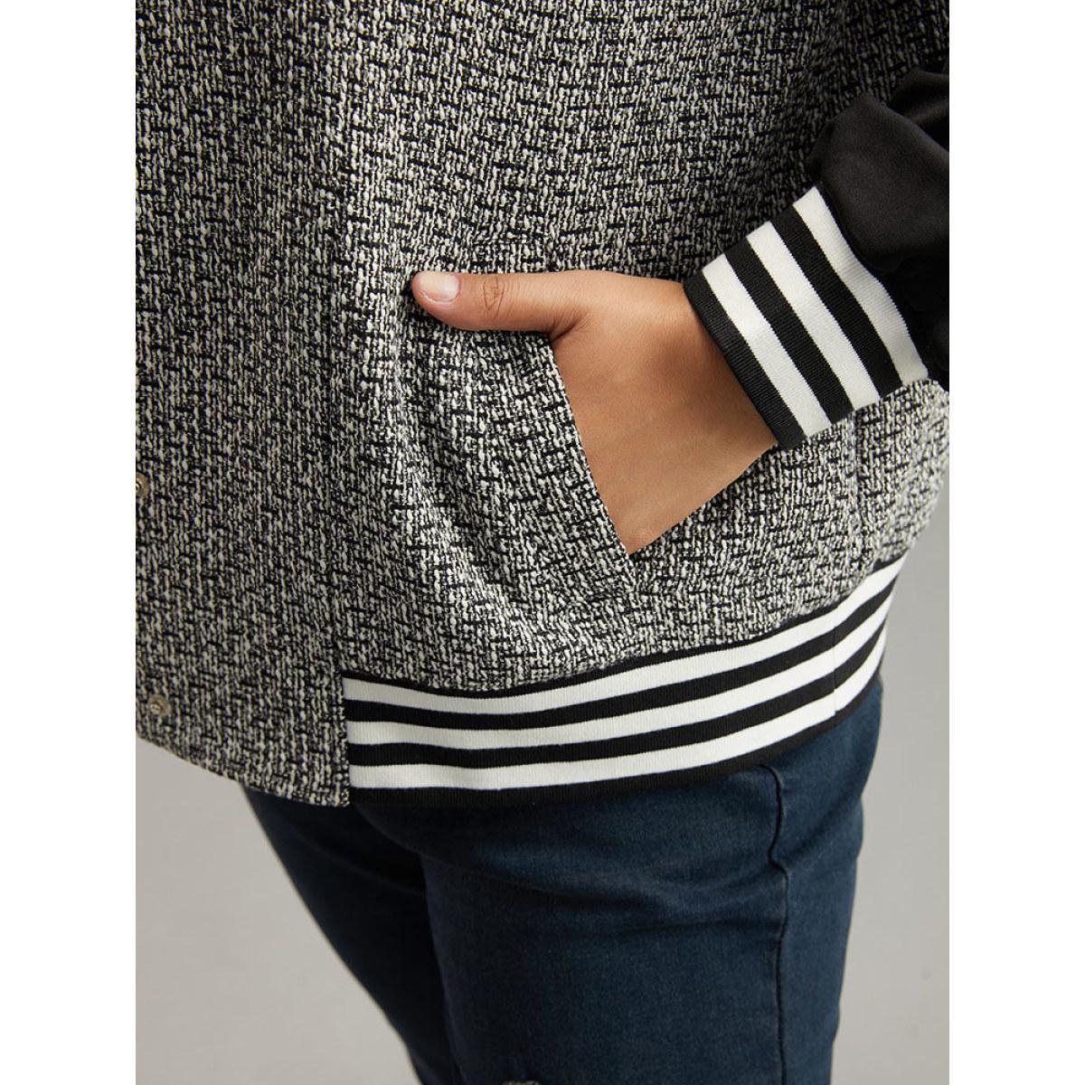 Plus Size Texture Patchwork Contrast Striped Button Up Jacket Women Black Elastic cuffs Pocket Everyday Jackets BloomChic 30/6X Product Image