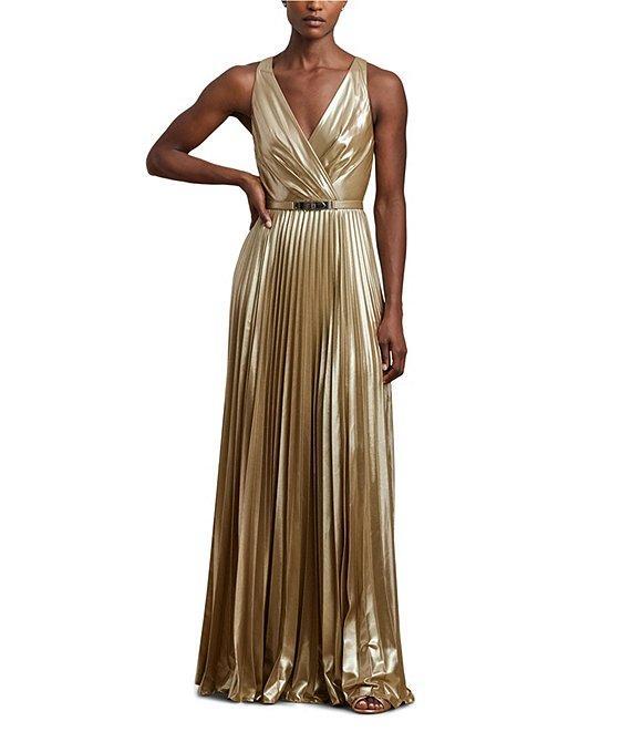 Lauren Ralph Lauren Metallic Chiffon V Neck Sleeveless Belted Pleated Fit and Flare Gown Product Image