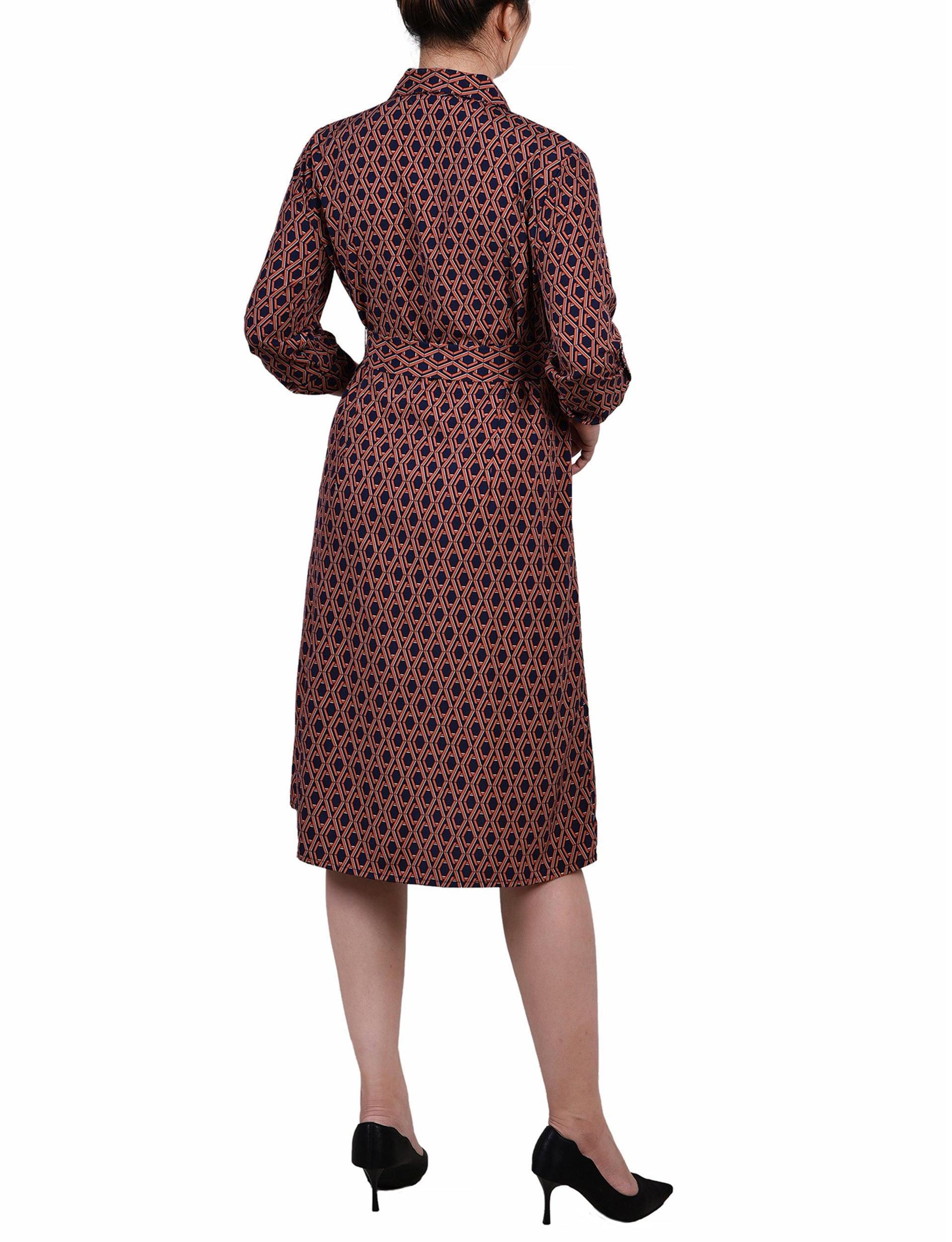 Cypress Inca Gold Navy Zigzag 3/4 Roll Tab Sleeve Belted Shirtdress - Petite Product Image