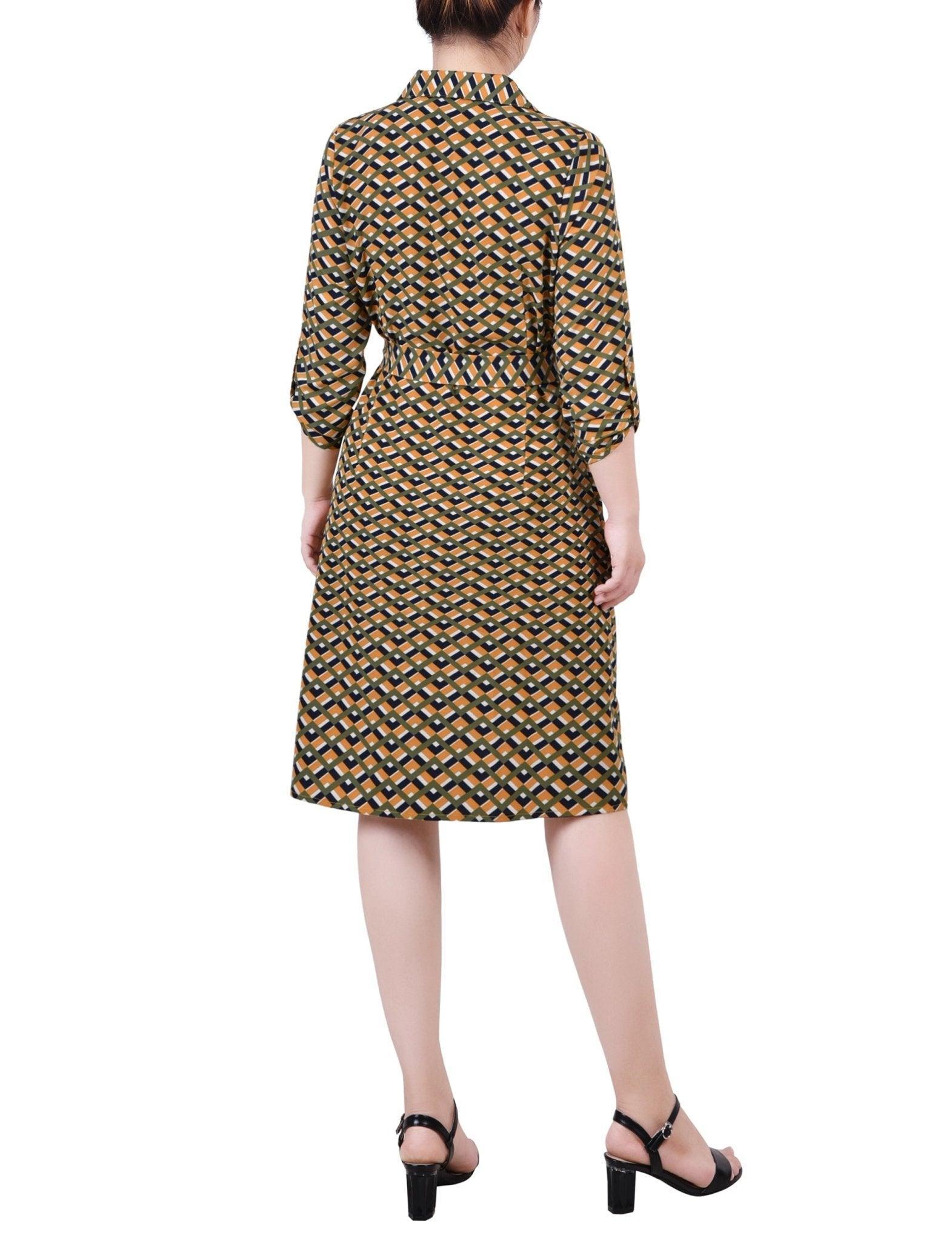 Cypress Inca Gold Navy Zigzag 3/4 Roll Tab Sleeve Belted Shirtdress - Petite Product Image