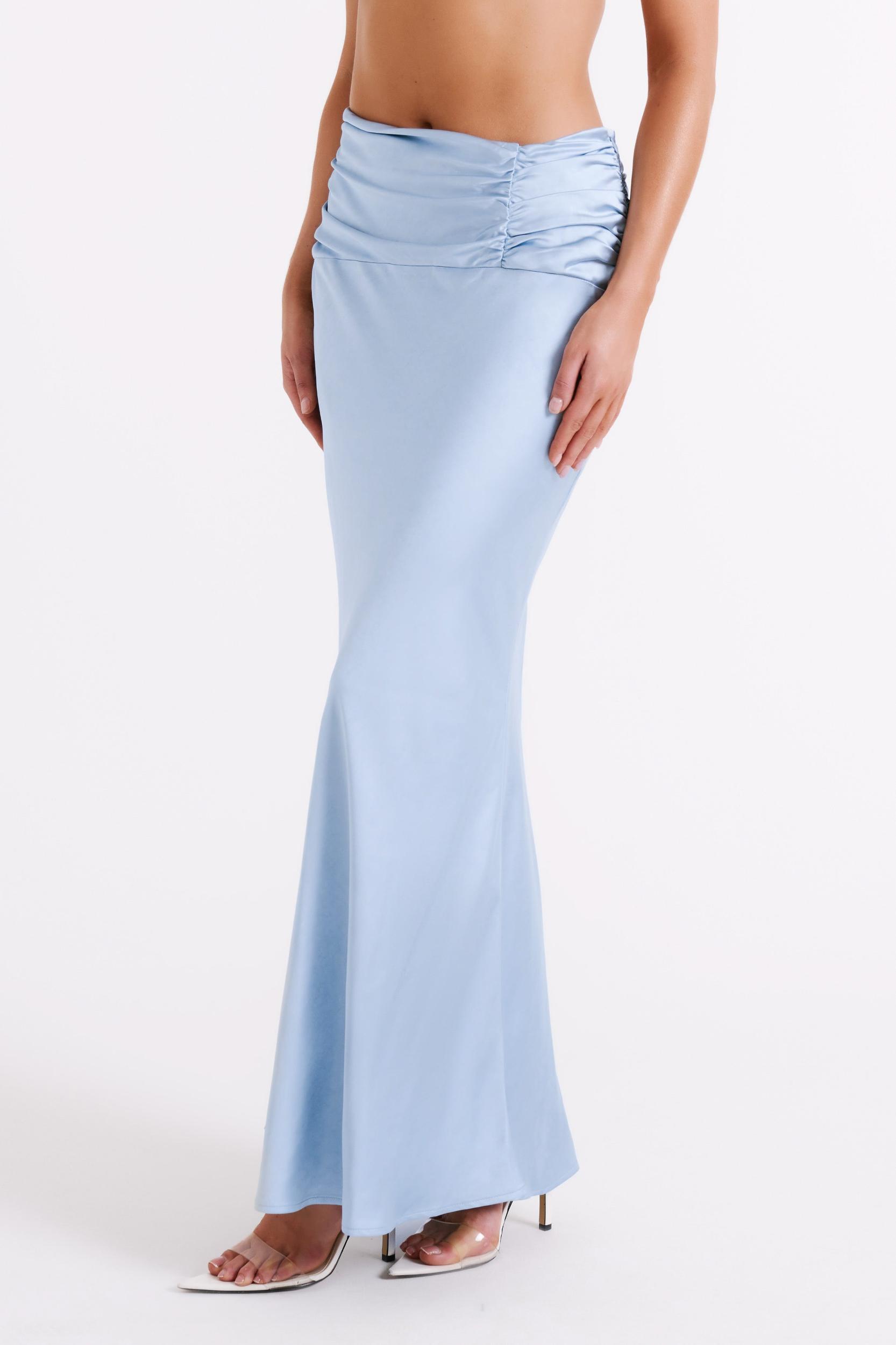 Khalani Ruched Satin Maxi Skirt - Ice Blue Product Image