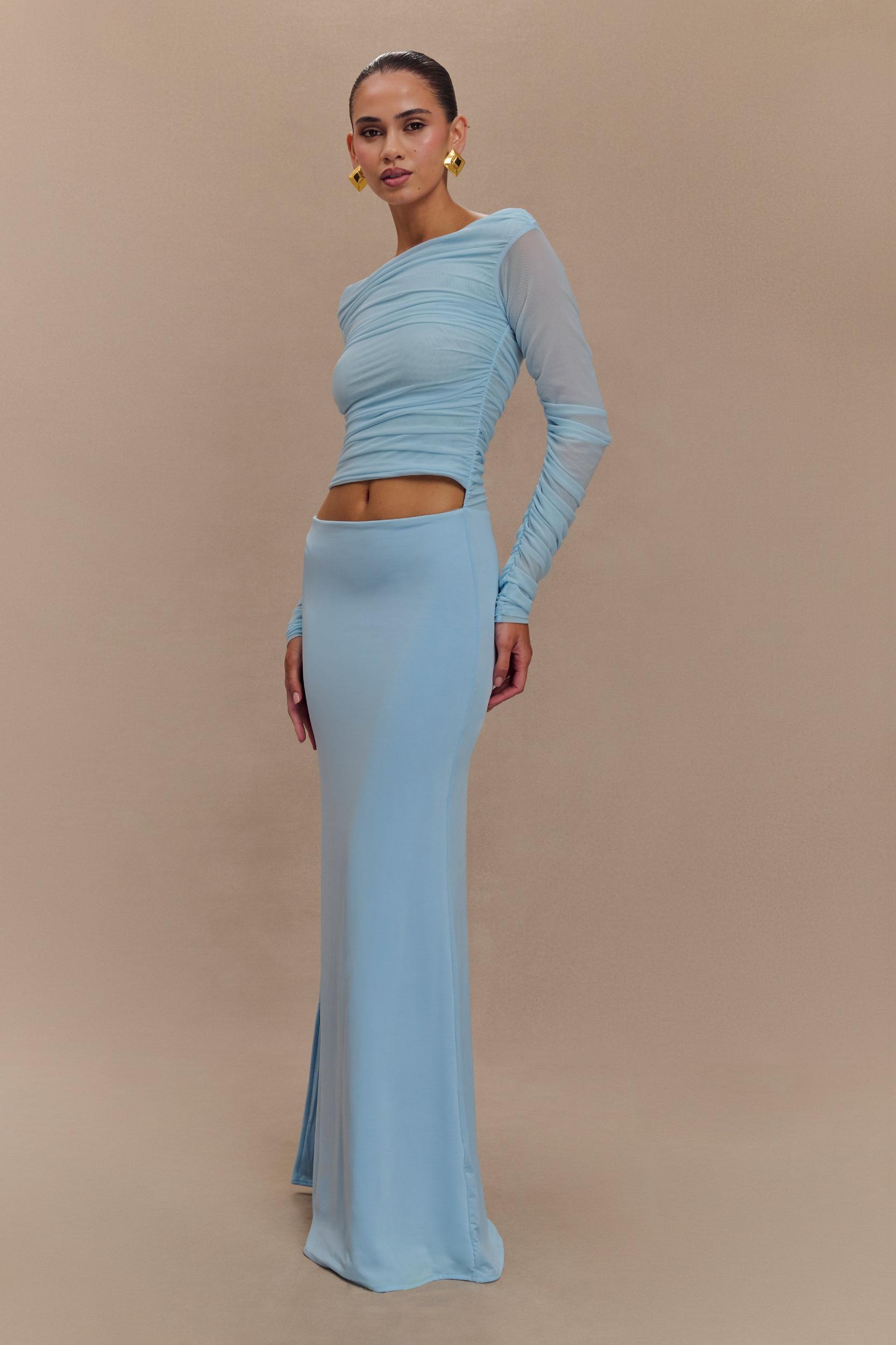 Darla Mesh And Slinky Off Shoulder Maxi Dress - Sky Blue Product Image