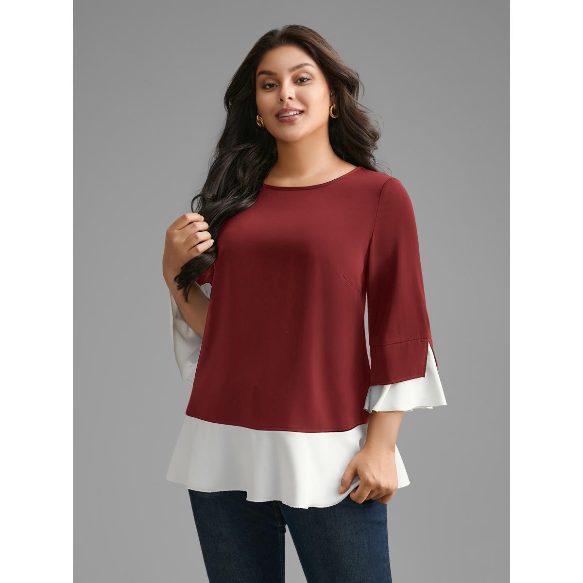 Plus Size Scarlet Contrast Patchwork Bell Sleeve Blouse Women Elegant Elbow-length sleeve Round Neck Everyday Blouses BloomChic 18-20/2X Product Image