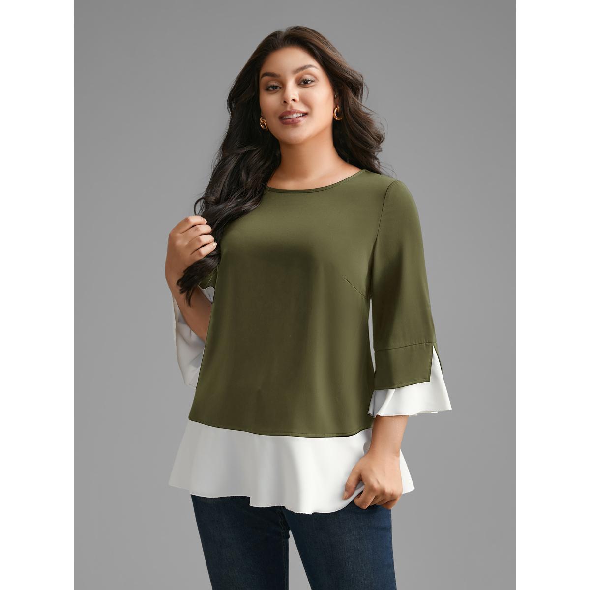 Plus Size ArmyGreen Contrast Patchwork Bell Sleeve Blouse Women Elegant Elbow-length sleeve Round Neck Everyday Blouses BloomChic 28/5X Product Image