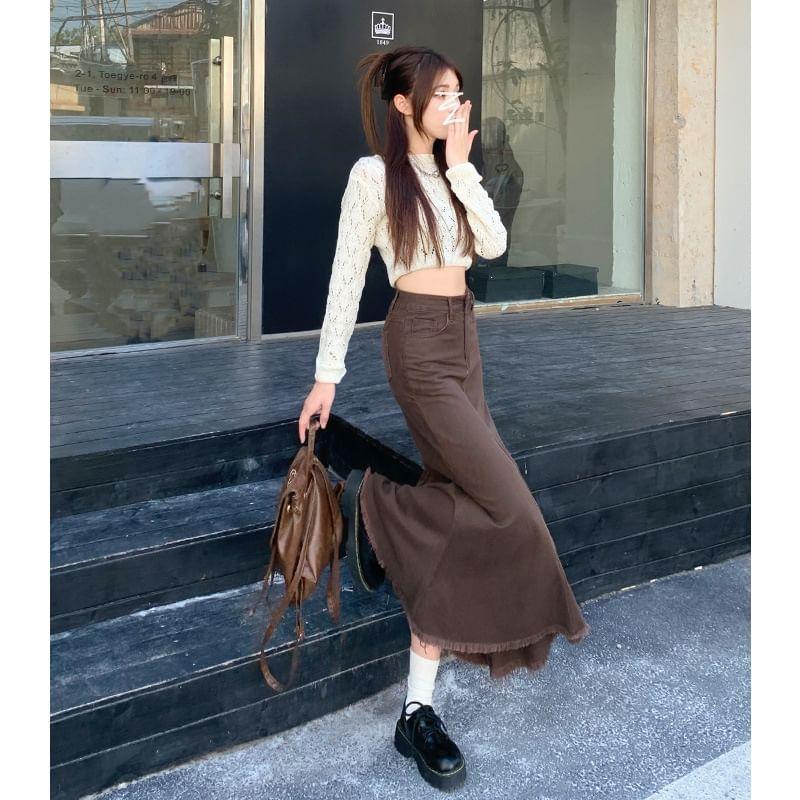 High Rise Plain Denim Fishtail Midi Pencil Skirt Product Image