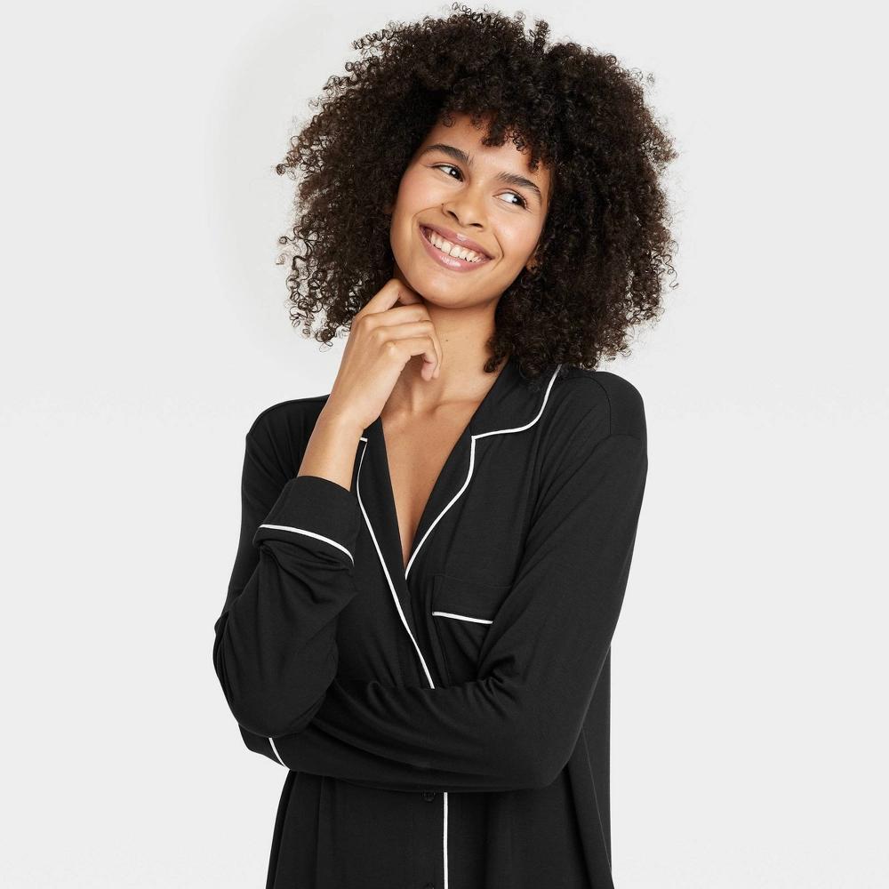 Womens Cloud Knit Notch Collar Long Sleeve NightGown - Auden Black M: Modal-Spandex Blend, Front Button Down, Banded Cuff Product Image