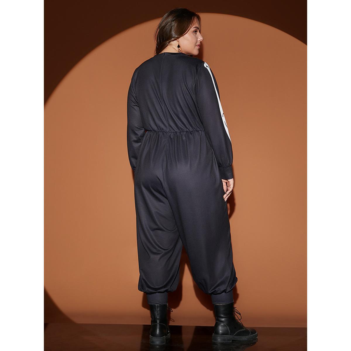 Plus Size Black Halloween Skull Print Round Neck Pocket Jumpsuit Women Casual Long Sleeve Round Neck Festival-Halloween Loose Jumpsuits BloomChic 18-20/2X Product Image