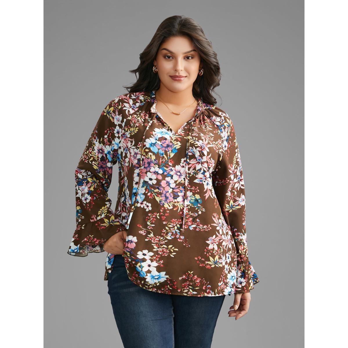 Plus Size Browncoffeecolor Floral Tie Knot Flutter Sleeve Blouse Women Elegant Long Sleeve V-neck Everyday Blouses BloomChic 26/4X Product Image
